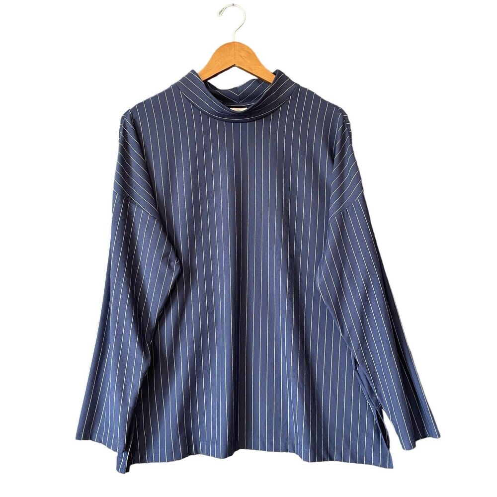 CHICOS Women's Tunic Top Blue White Striped Long Sleeve Mock Neck Stretch SZ/3